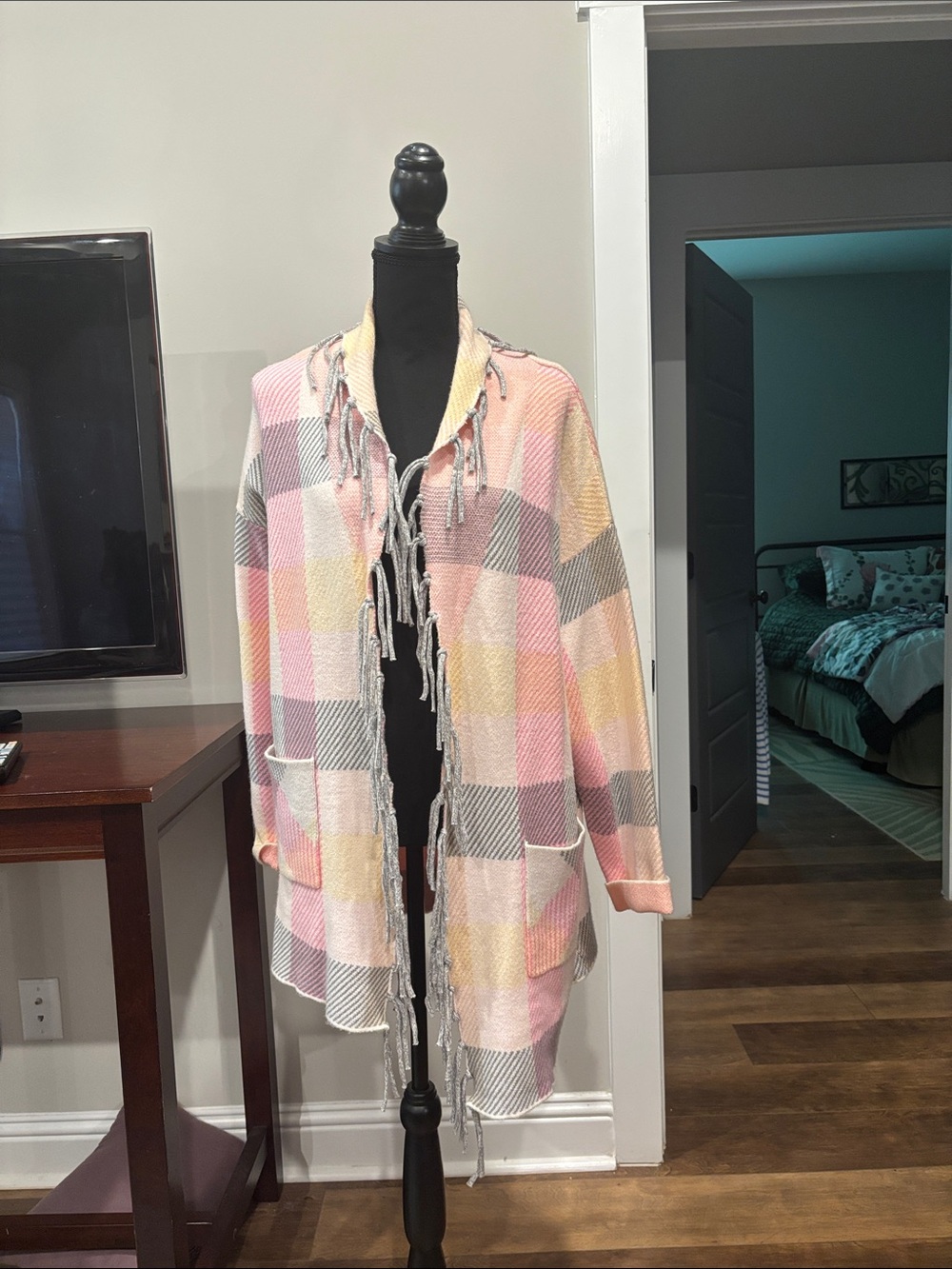 Ruby Rd. Pastel Plaid Fringe Open Cardigan